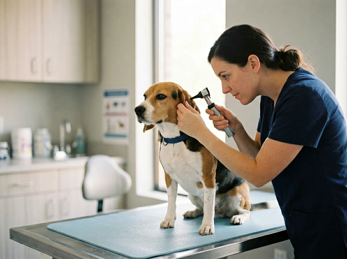 Chien beagle lors d’une consultation vétérinaire, calme et bien soigné