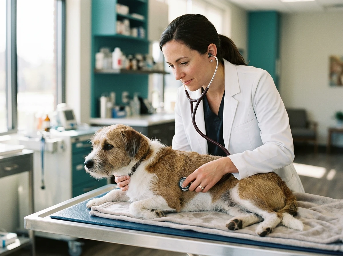 Vétérinaire examinant un chien lors d'une consultation générale
