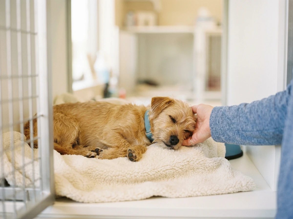 Chien au repos dans une cage d'hospitalisation confortable et propre