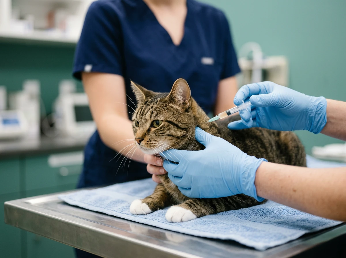 Administration d'un vaccin à un chat lors d'une visite préventive